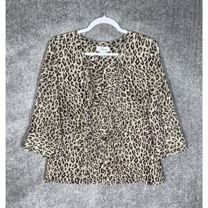 Chaus Top Womens Size 10 Brown Animal Print 3/4 Sheer Sleeve Ruffle Button Up‎